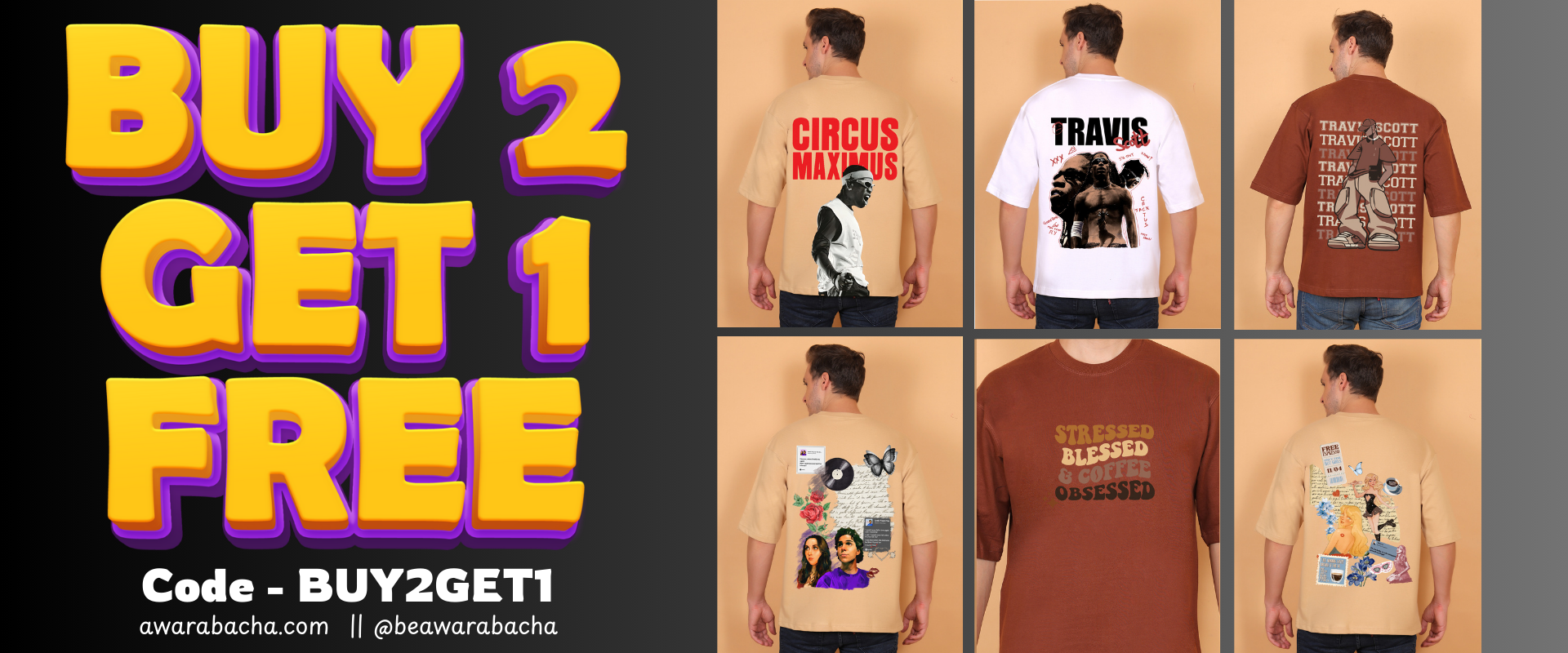 Promotional banner for t-shirts with various designs, featuring text 'BUY 2 GET 1 FREE' and a code.