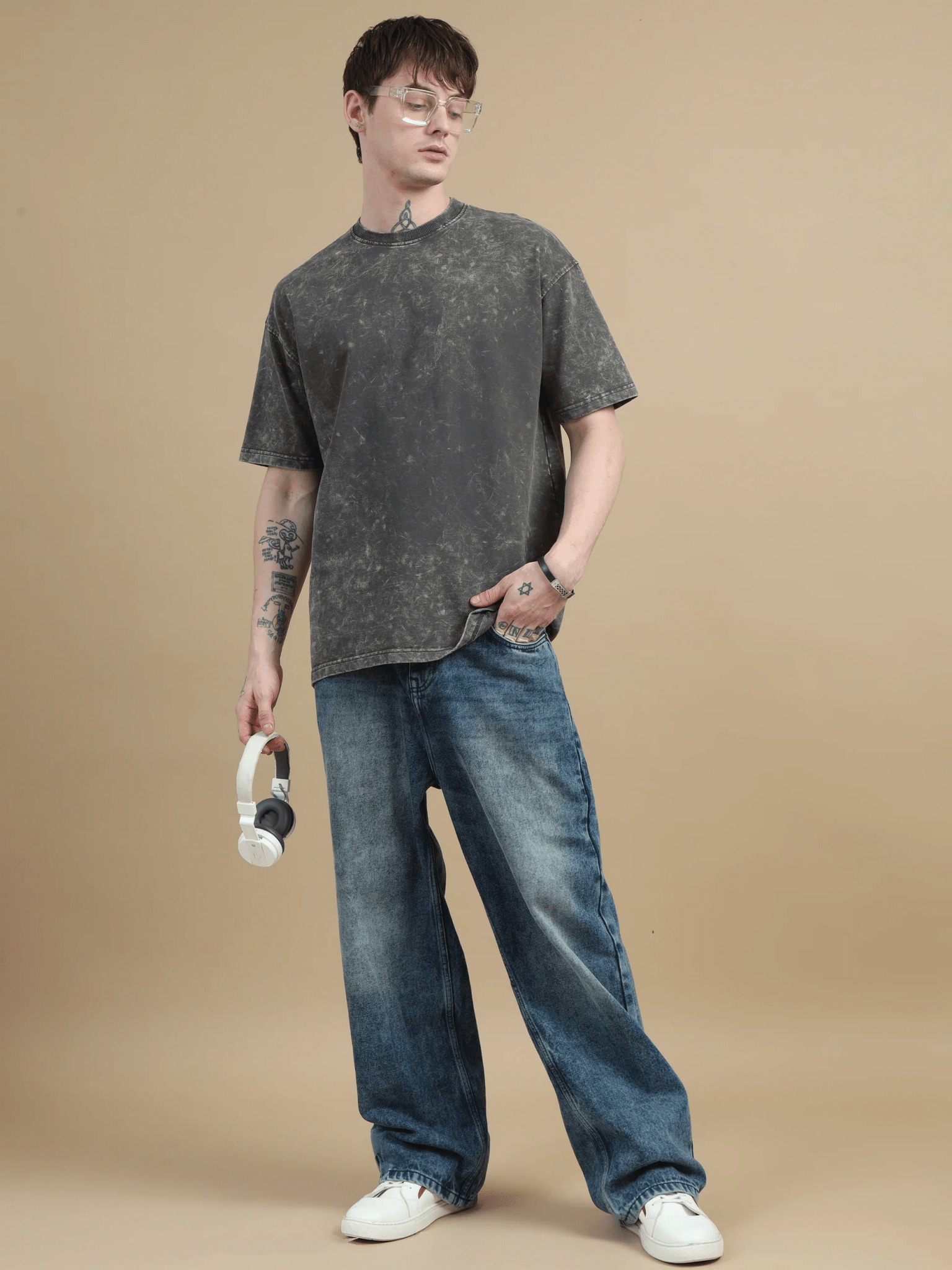 Dark Grey Acid Wash Oversize T-Shirt - Awara Bacha
