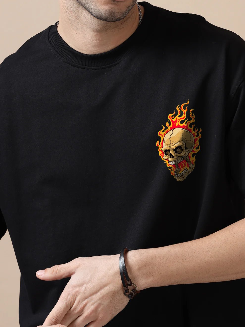 Flaming Skull Black Oversize T-Shirt - Awara Bacha