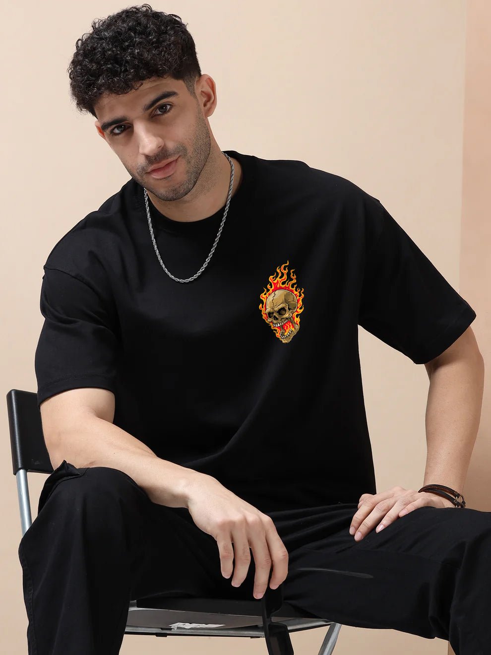 Flaming Skull Black Oversize T-Shirt - Awara Bacha