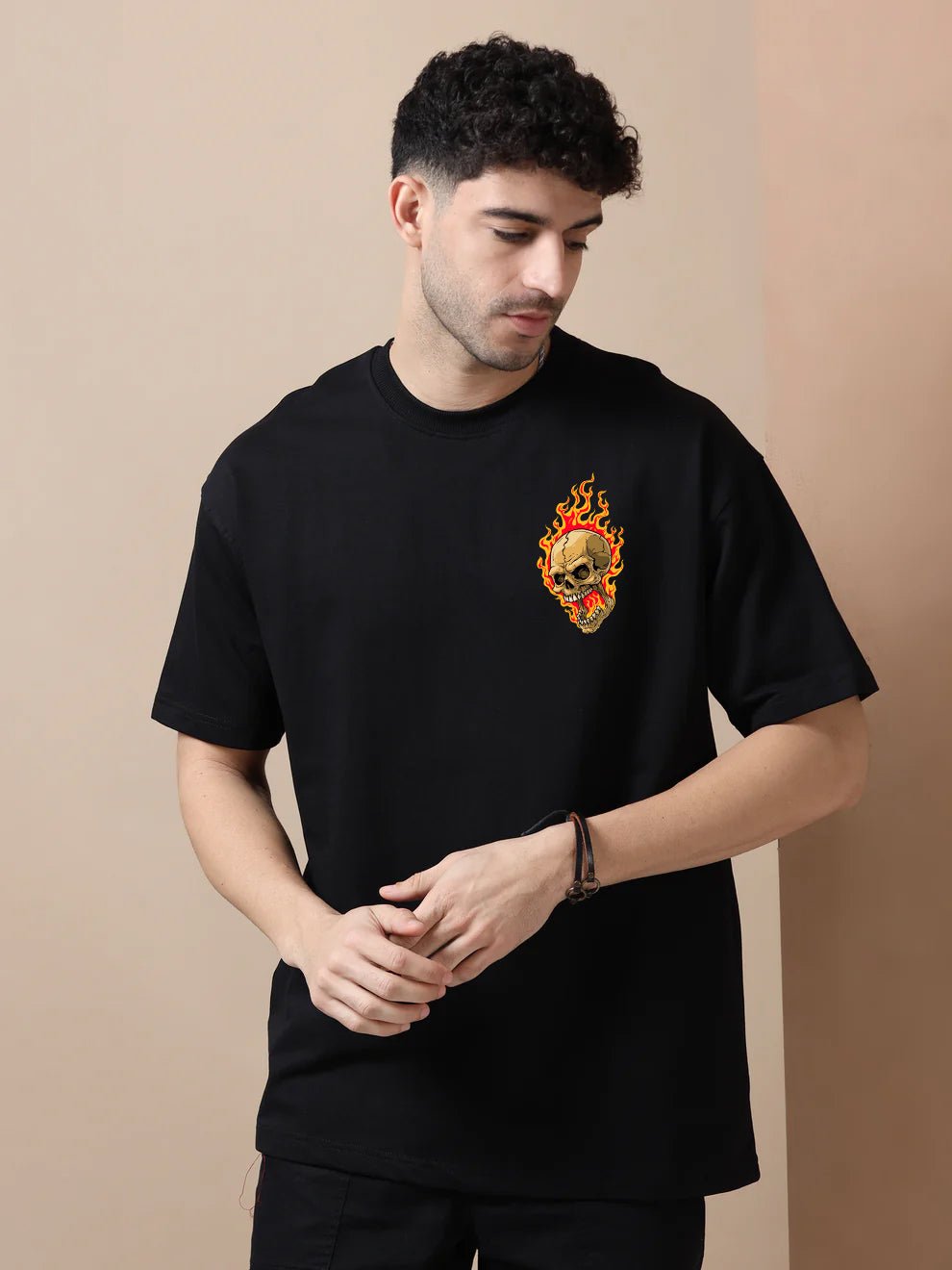 Flaming Skull Black Oversize T-Shirt - Awara Bacha