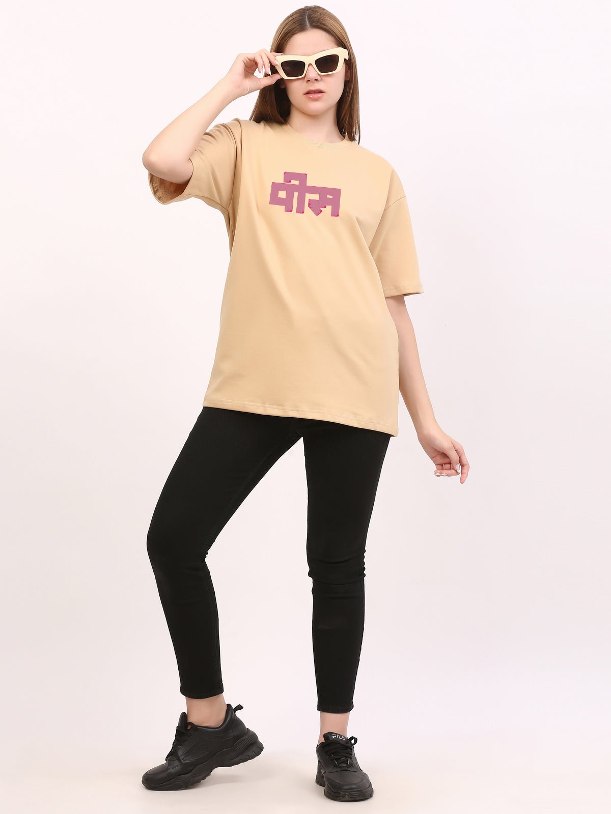 Peace with lotus Beige Oversize T-Shirt - Awara Bacha