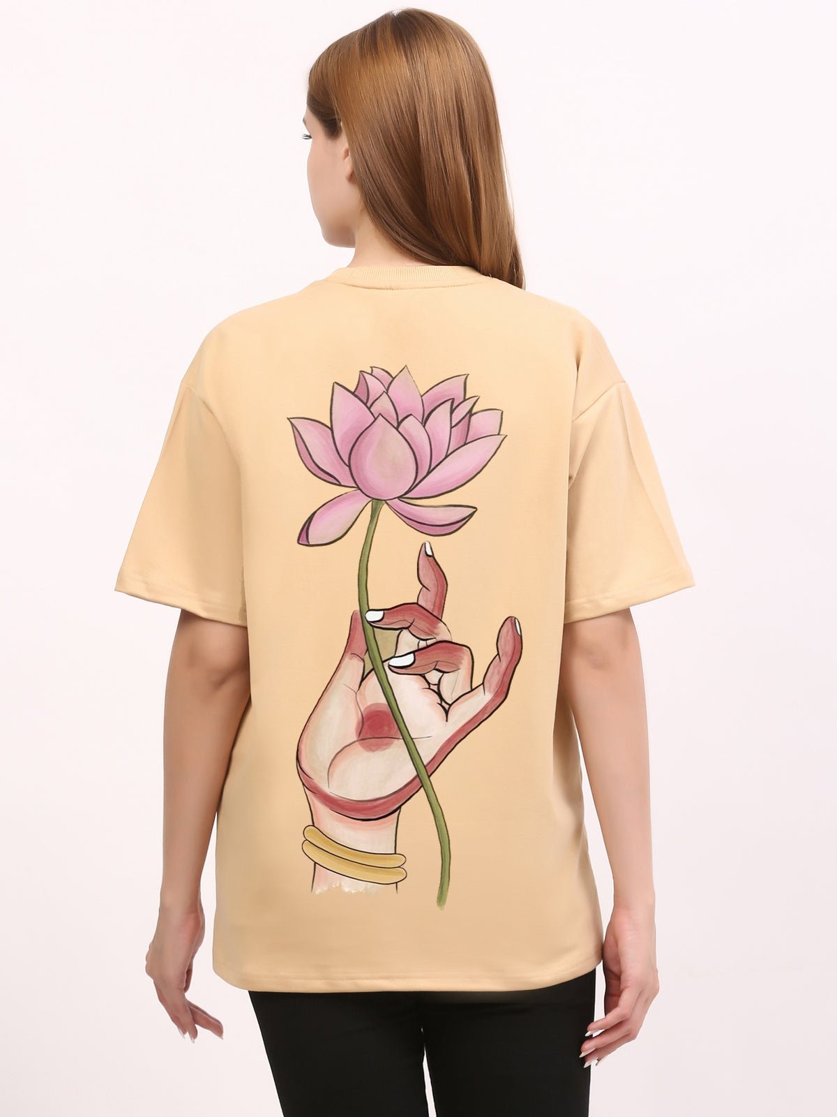 Peace with lotus Beige Oversize T-Shirt - Awara Bacha
