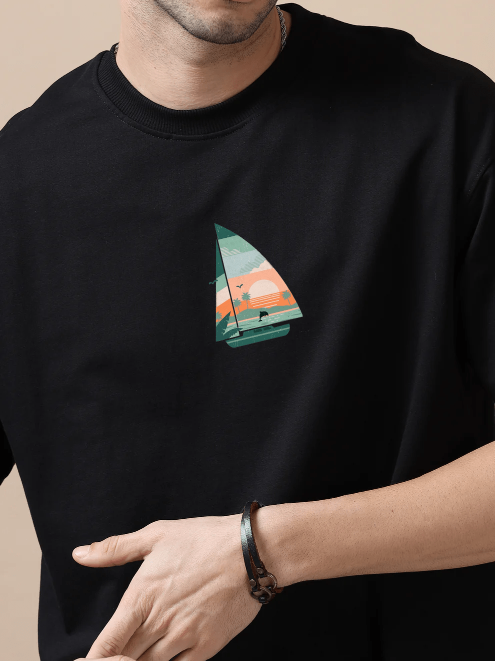 Vacation Beach Black Oversize T-Shirt - Awara Bacha